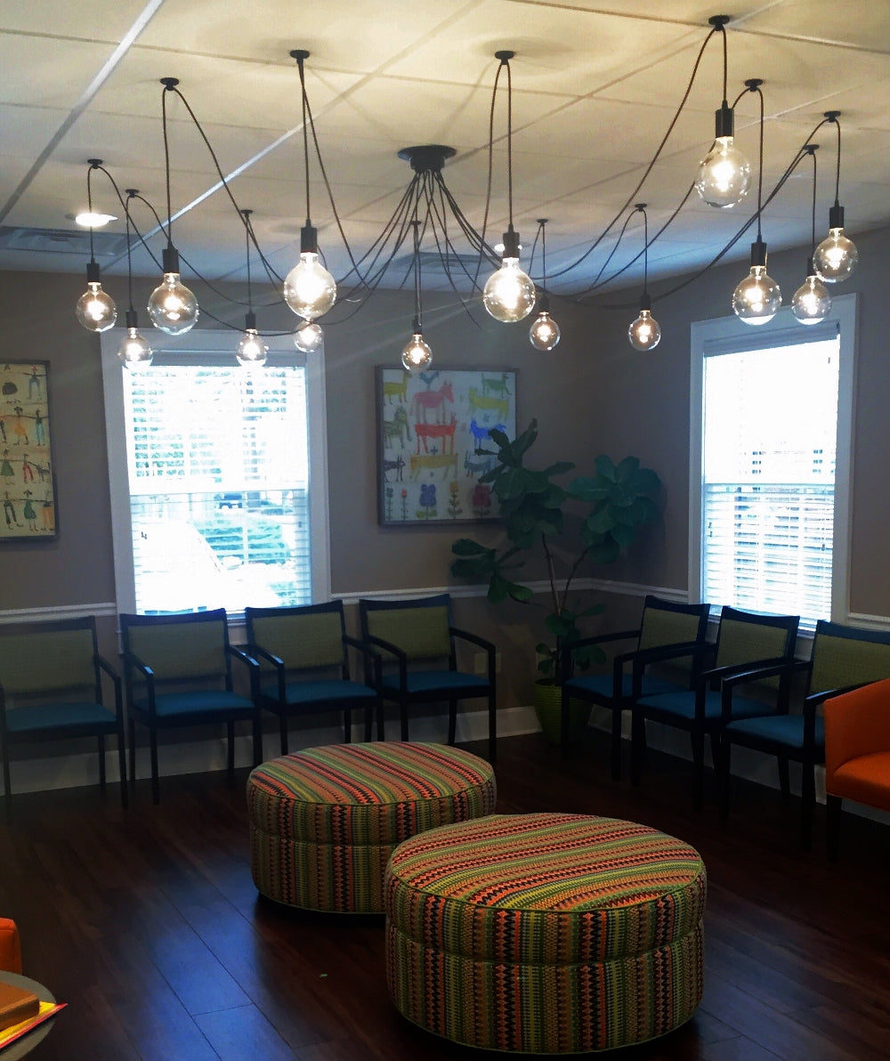 black swag chandelier in waiting room