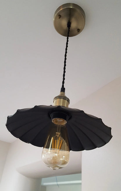 vintage antque brass pendant light with ruffle shade and edison bulb