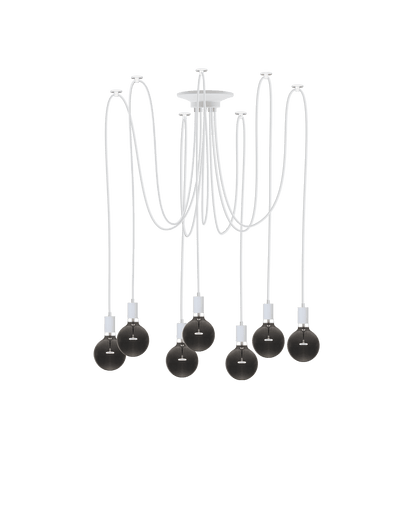 white swag chandelier with smoke bulbs and 5 pendants