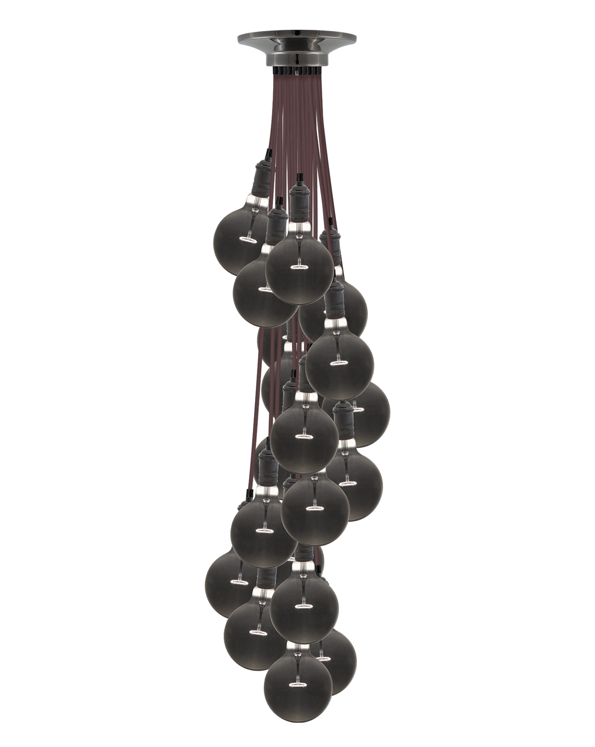 oversized pendant light cluster with 19 taupe and graphite pendants and smoke bulbs