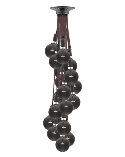 oversized pendant light cluster with 19 taupe and graphite pendants and smoke bulbs