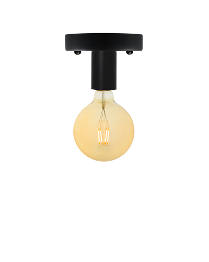 Flush mount light fixture with a black base and a warm, round exposed bulb.