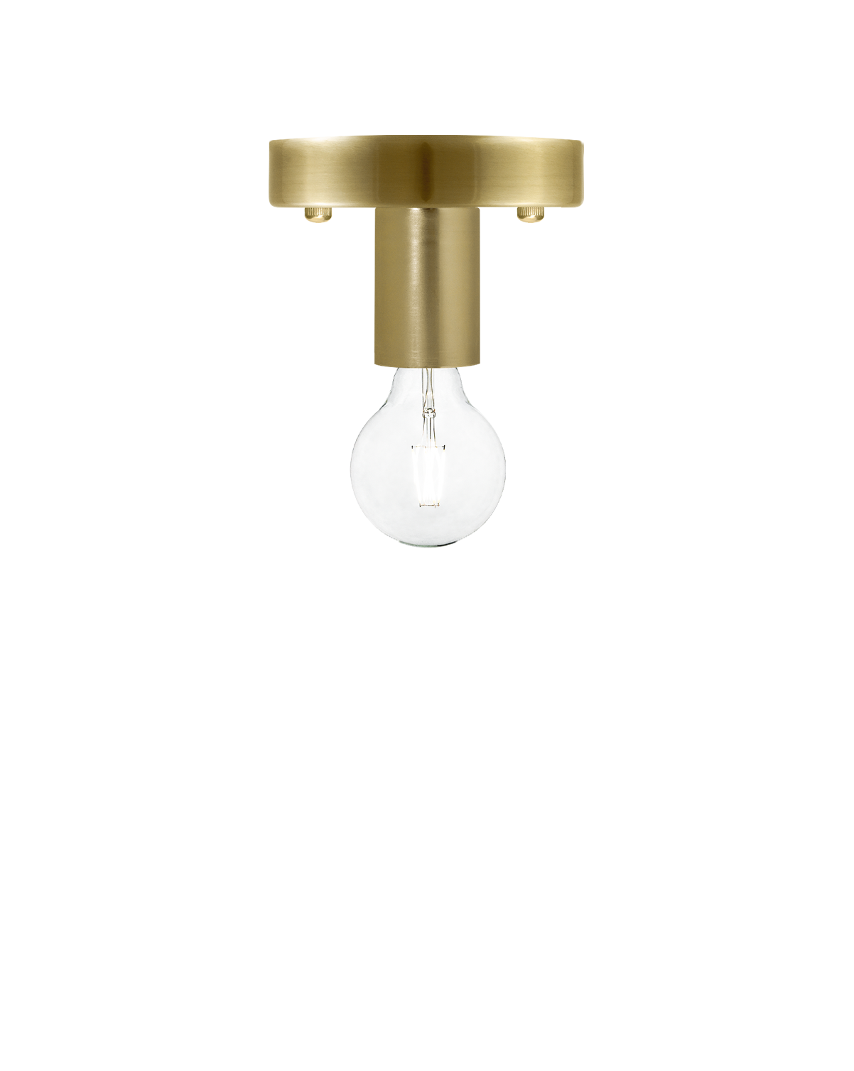 Flush mount light fixture with a brushed brass base and a clear exposed bulb