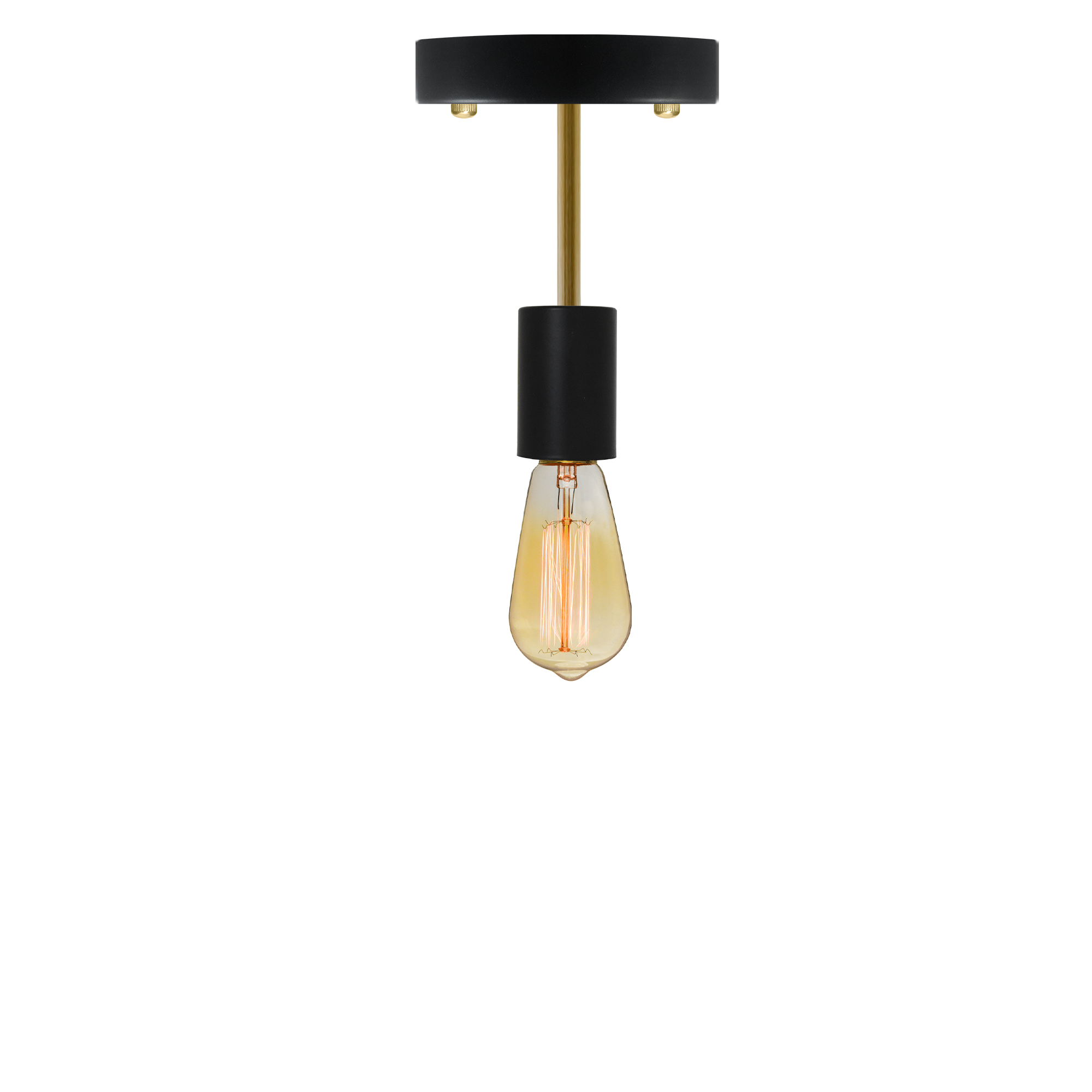 Semi-flush mount light fixture with a black base, gold stem, and an exposed filament bulb.