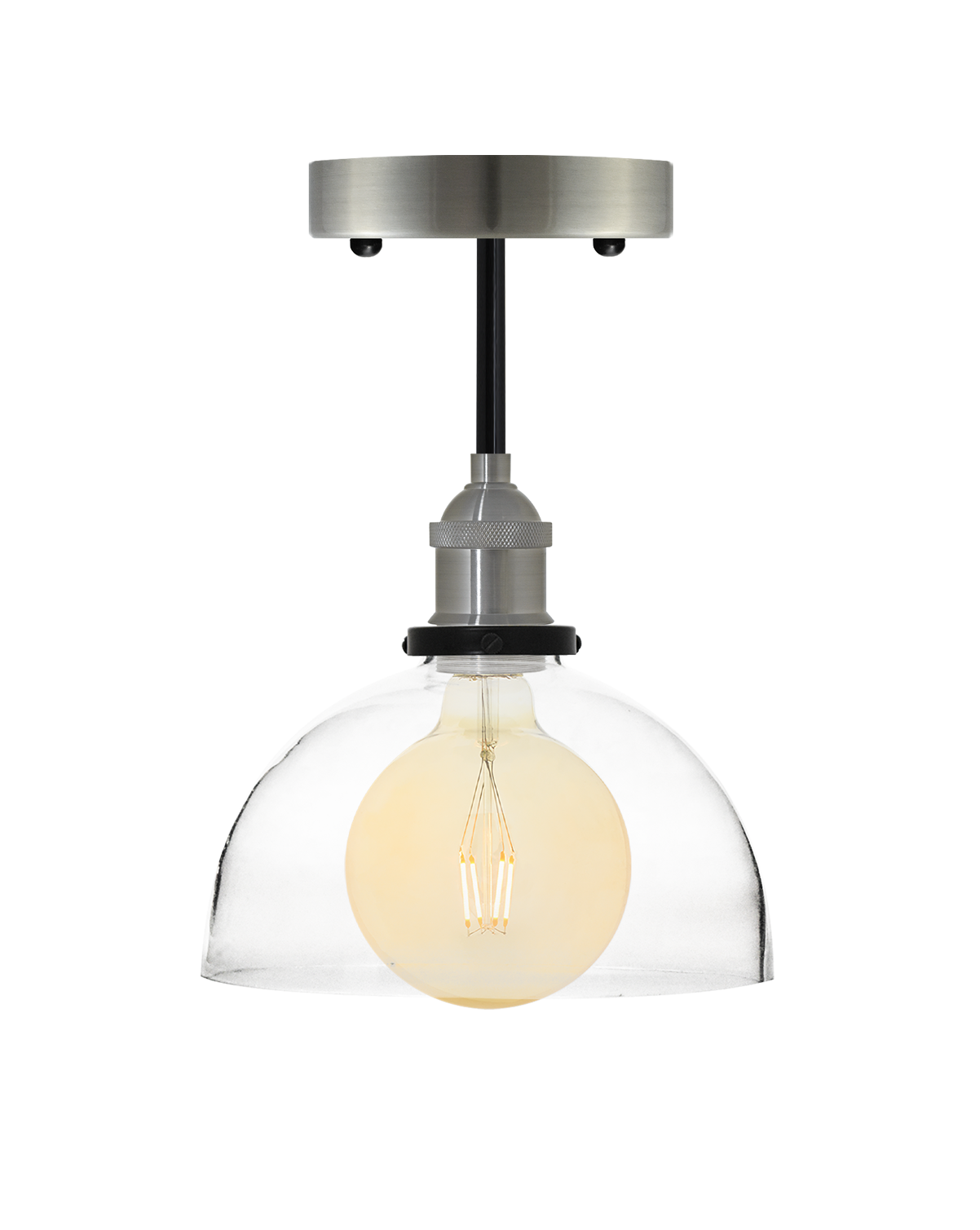 Semi-flush mount light fixture with a brushed nickel base, a clear glass dome shade, and an exposed bulb.