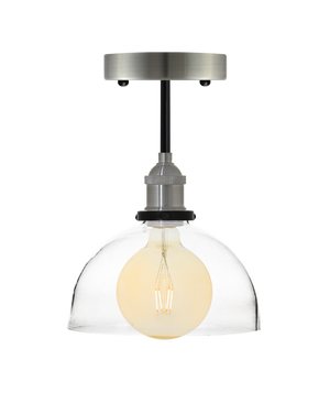 Semi-flush mount light fixture with a brushed nickel base, a clear glass dome shade, and an exposed bulb.