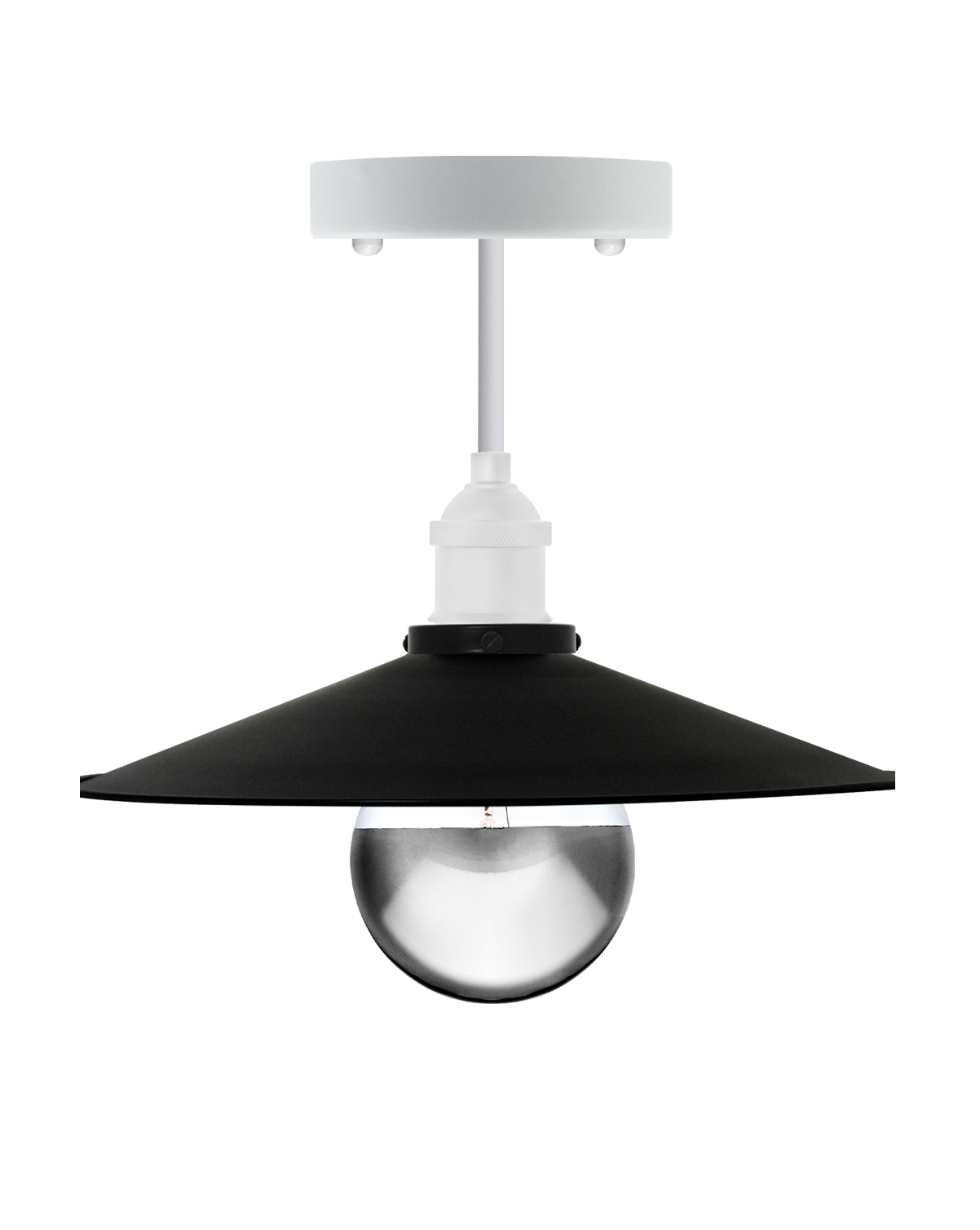 Semi-flush mount light fixture with a white base, black shade, and an exposed chrome dipped bulb.