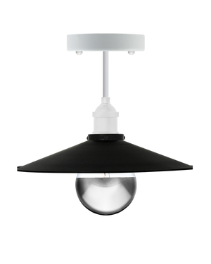 Semi-flush mount light fixture with a white base, black shade, and an exposed chrome dipped bulb.