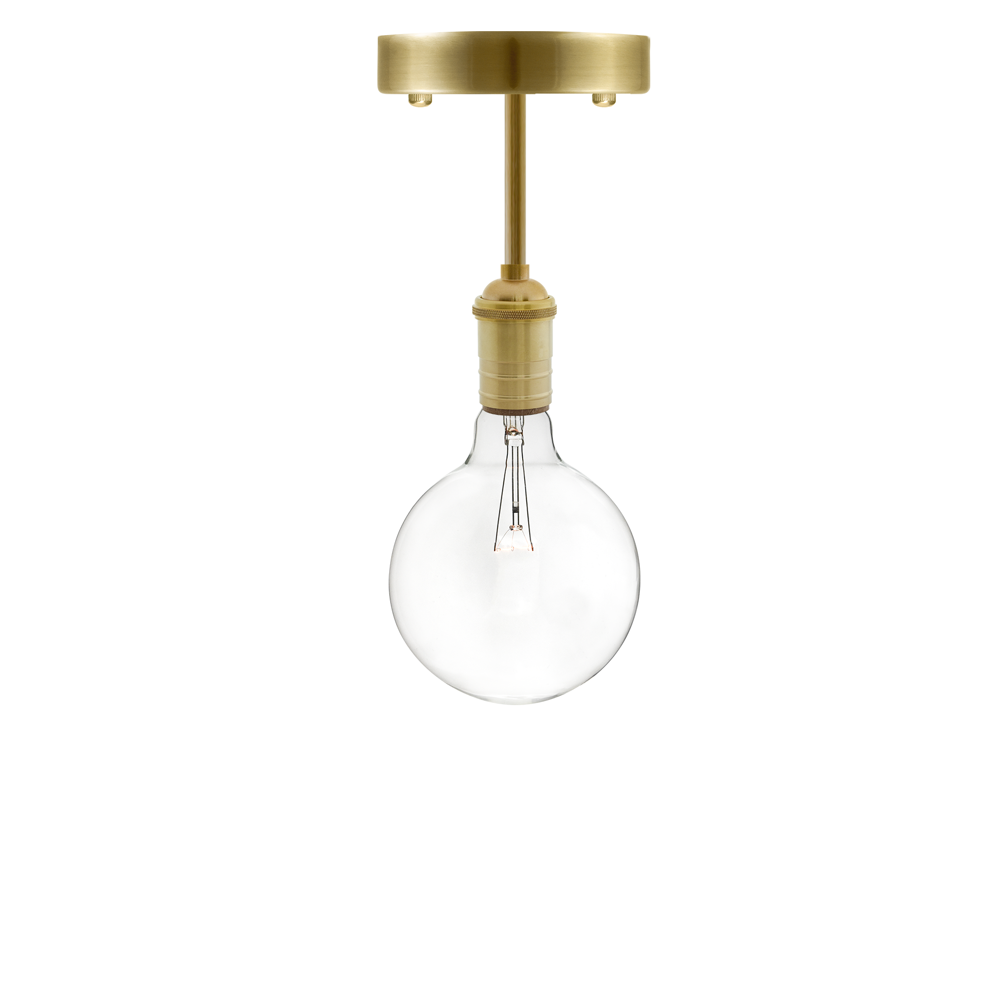 Semi-flush mount light fixture with a brushed brass base, gold stem, and a clear round bulb.