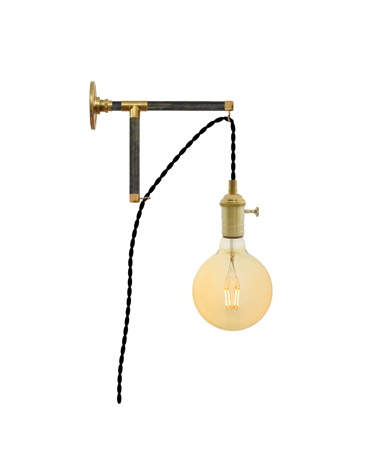 Plug-in L-Bracket Wall Sconce: Black and Brass Hangout Lighting 