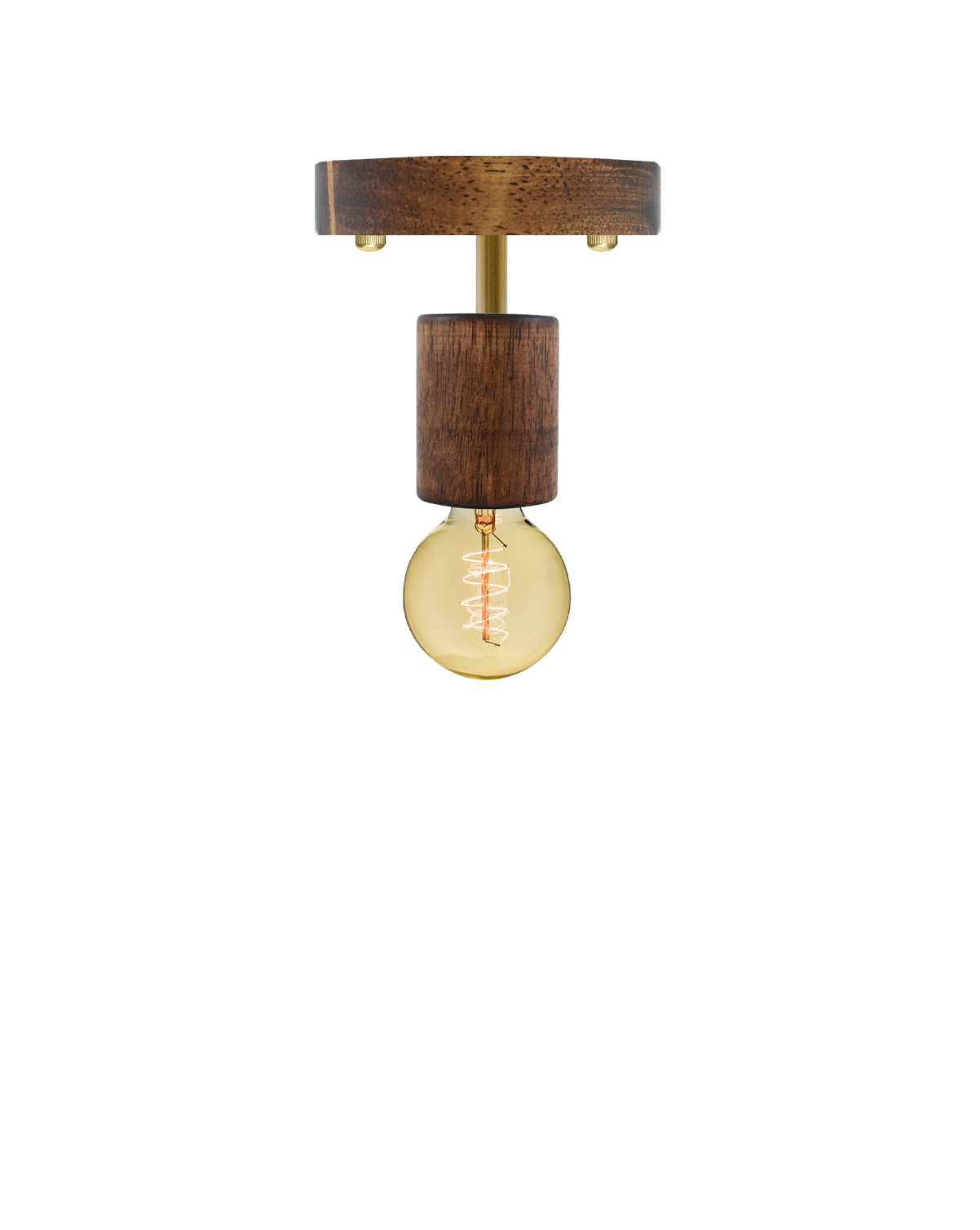 Semi-flush mount light fixture with a walnut wood base, brass stem, and an exposed bulb.