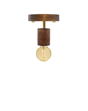 Semi-flush mount light fixture with a walnut wood base, brass stem, and an exposed bulb.
