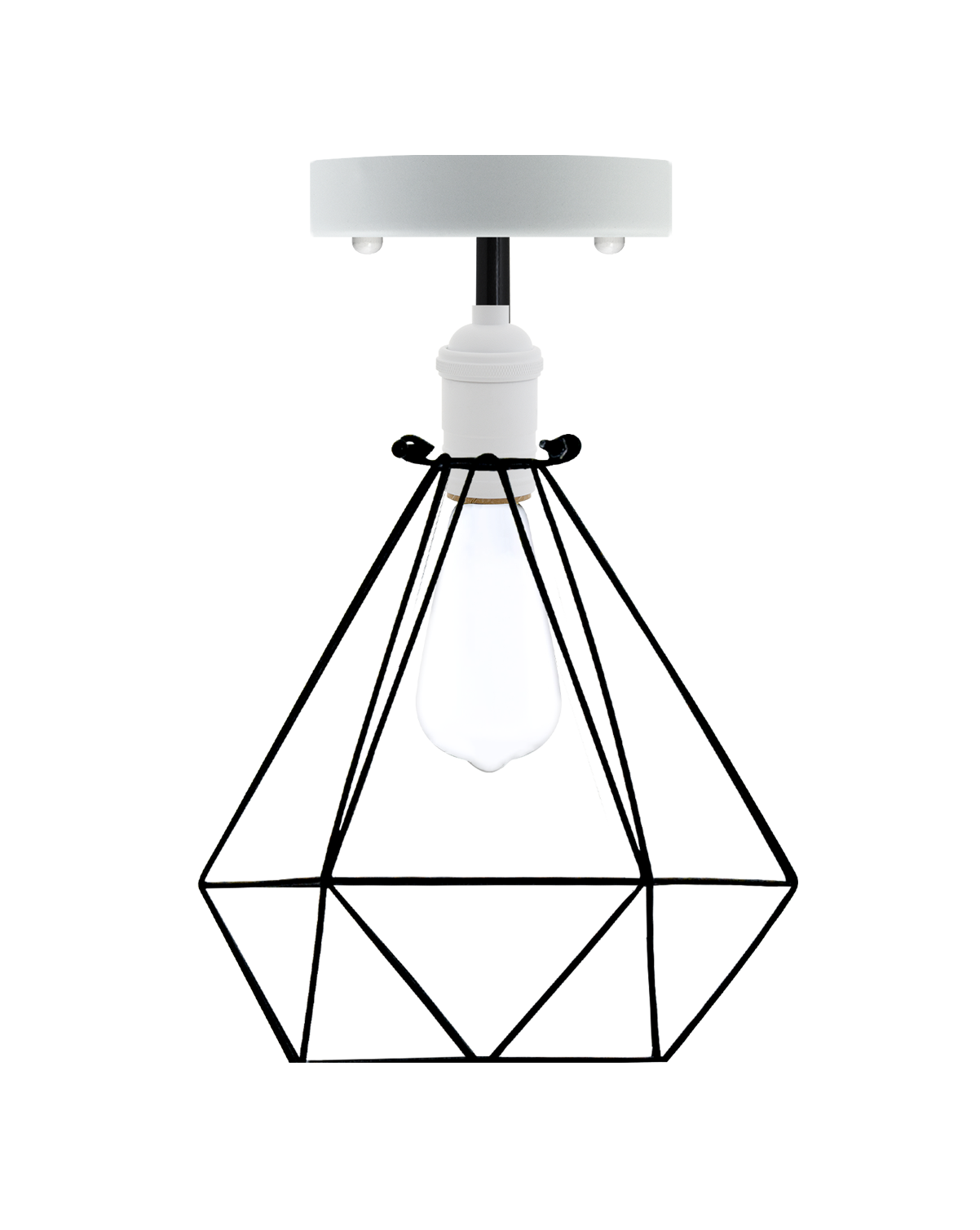 Semi-flush mount light fixture with a white base, black geometric metal cage, and an exposed white edison bulb.