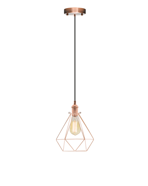 Single Pendant Grey and Copper Geometric Cage Hangout Lighting