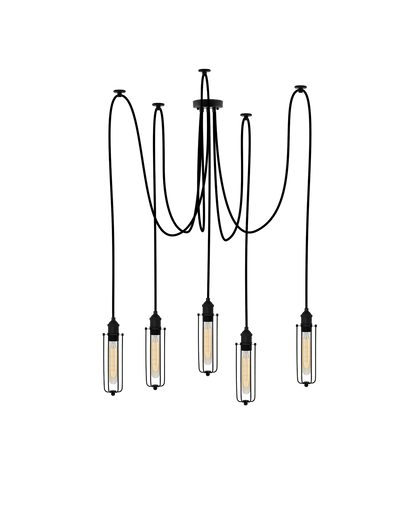 Swag Chandelier: Black and Black Tube Cage Hangout Lighting 5 Swag