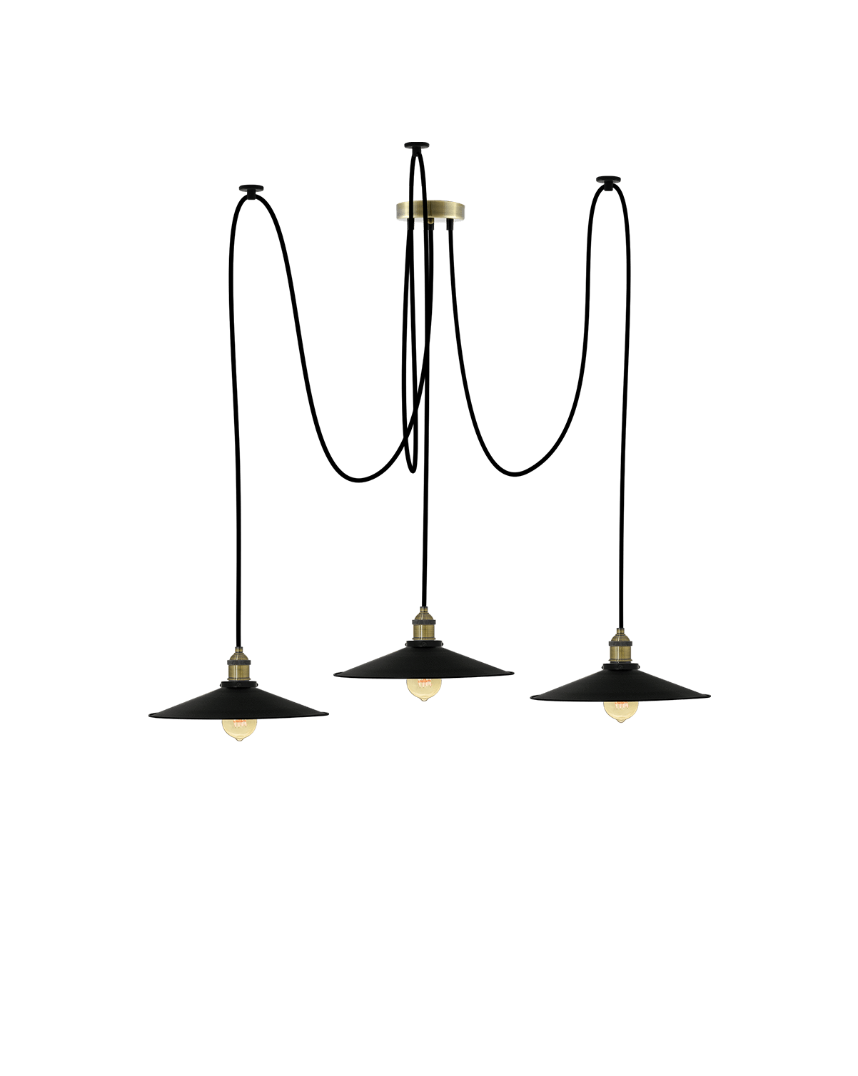 Swag Chandelier: Black and Large Black Flat Shades Hangout Lighting 3 Swag