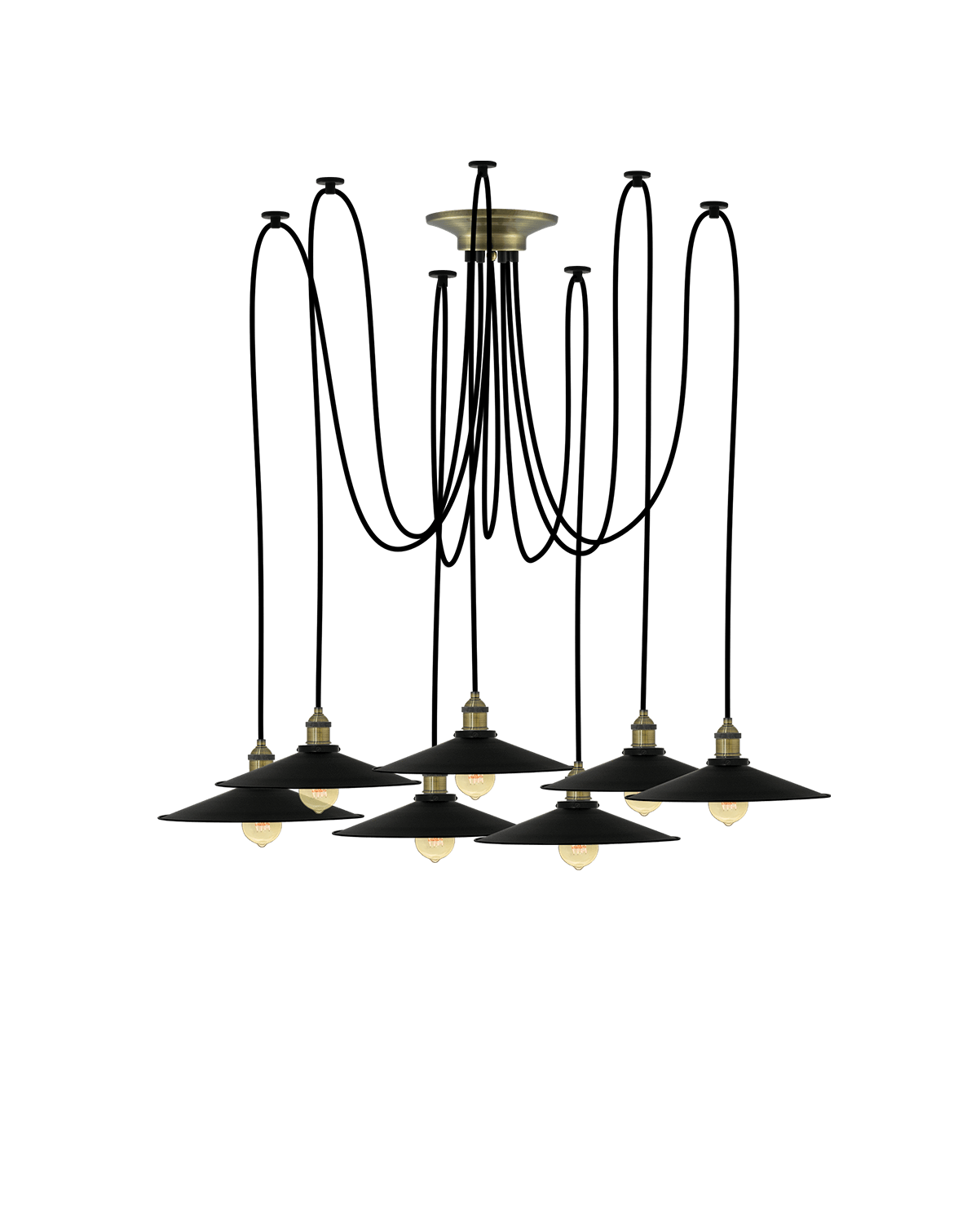 Swag Chandelier: Black and Large Black Flat Shades Hangout Lighting 7 Swag