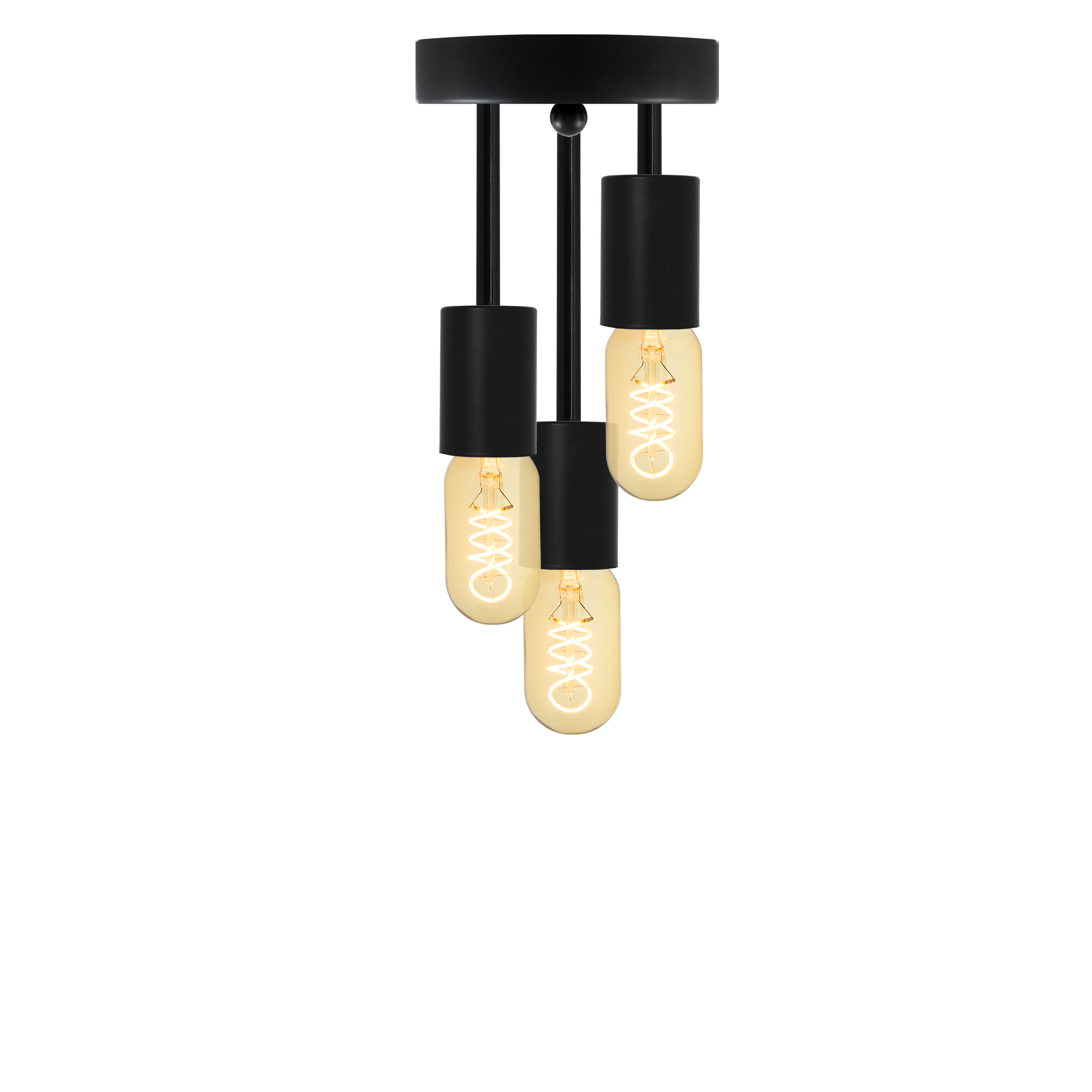 Semi-flush mount light fixture with a black base and three hanging bulbs with matching black fixtures.
