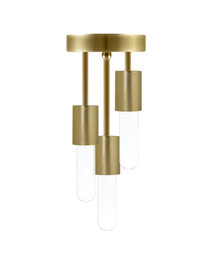 Semi-flush mount light fixture with a brushed brass base and three hanging bulbs with matching brass cylindrical housings.