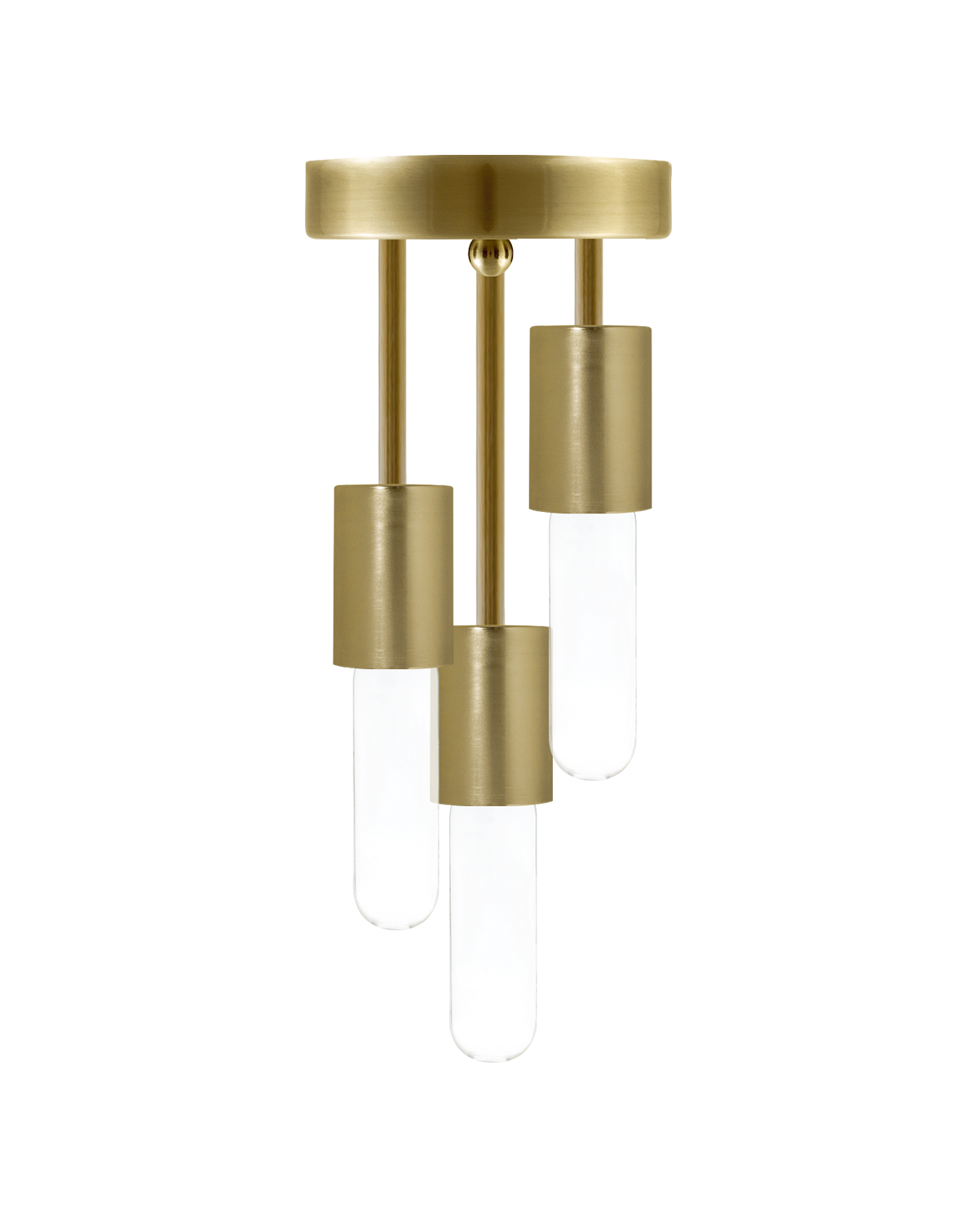 Semi-flush mount light fixture with a brushed brass base and three hanging bulbs with matching brass cylindrical housings.