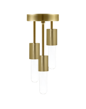 Semi-flush mount light fixture with a brushed brass base and three hanging bulbs with matching brass cylindrical housings.