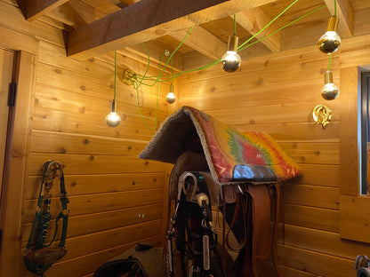 wood cabin chrome bulb swag chandelier