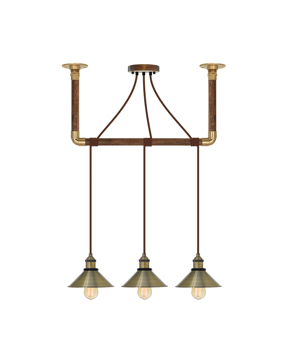 Wrap Chandelier: Brown and Antique Brass Shades Hangout Lighting 3 Pendants