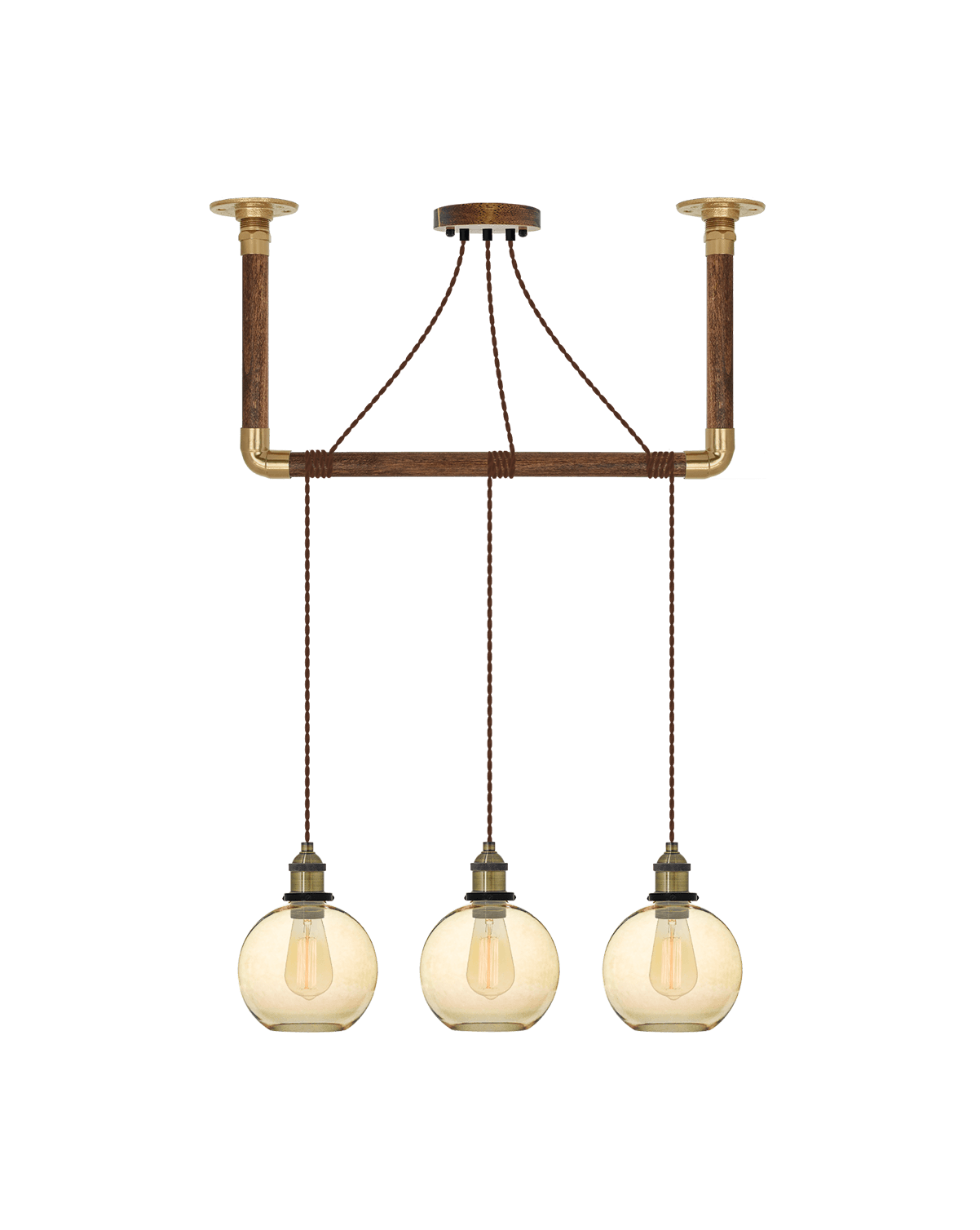 Wrap Chandelier: Brown, Brass and Amber Glass Shade Hangout Lighting 3 Pendants