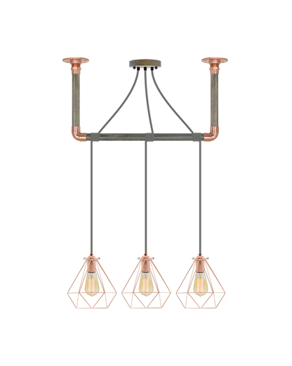 Wrap Chandelier: Grey, Copper and Copper Geometric Shade Hangout Lighting 3 Pendants