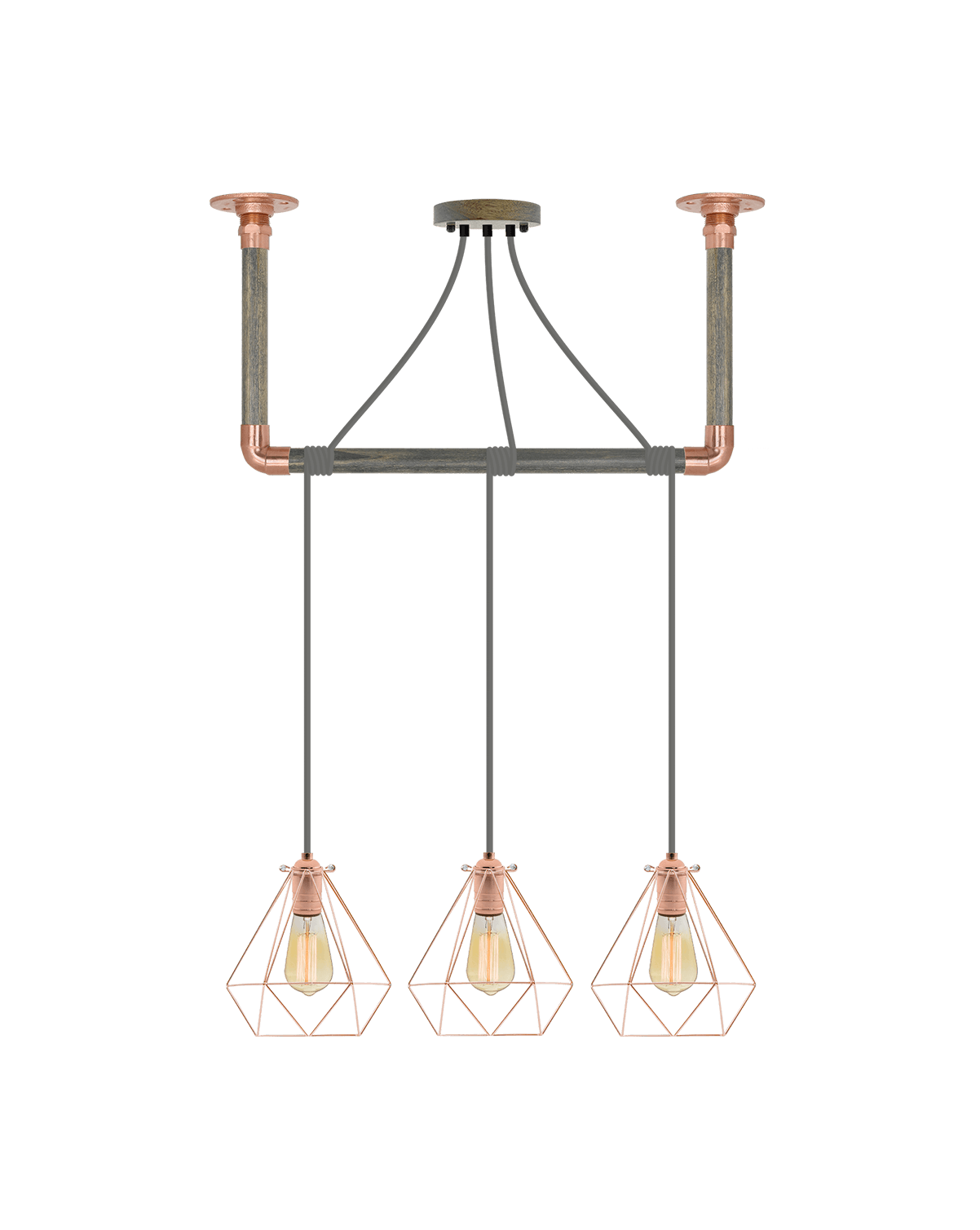 Wrap Chandelier: Grey, Copper and Copper Geometric Shade Hangout Lighting 3 Pendants