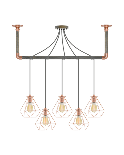 Wrap Chandelier: Grey, Copper and Copper Geometric Shade Hangout Lighting 5 Pendants